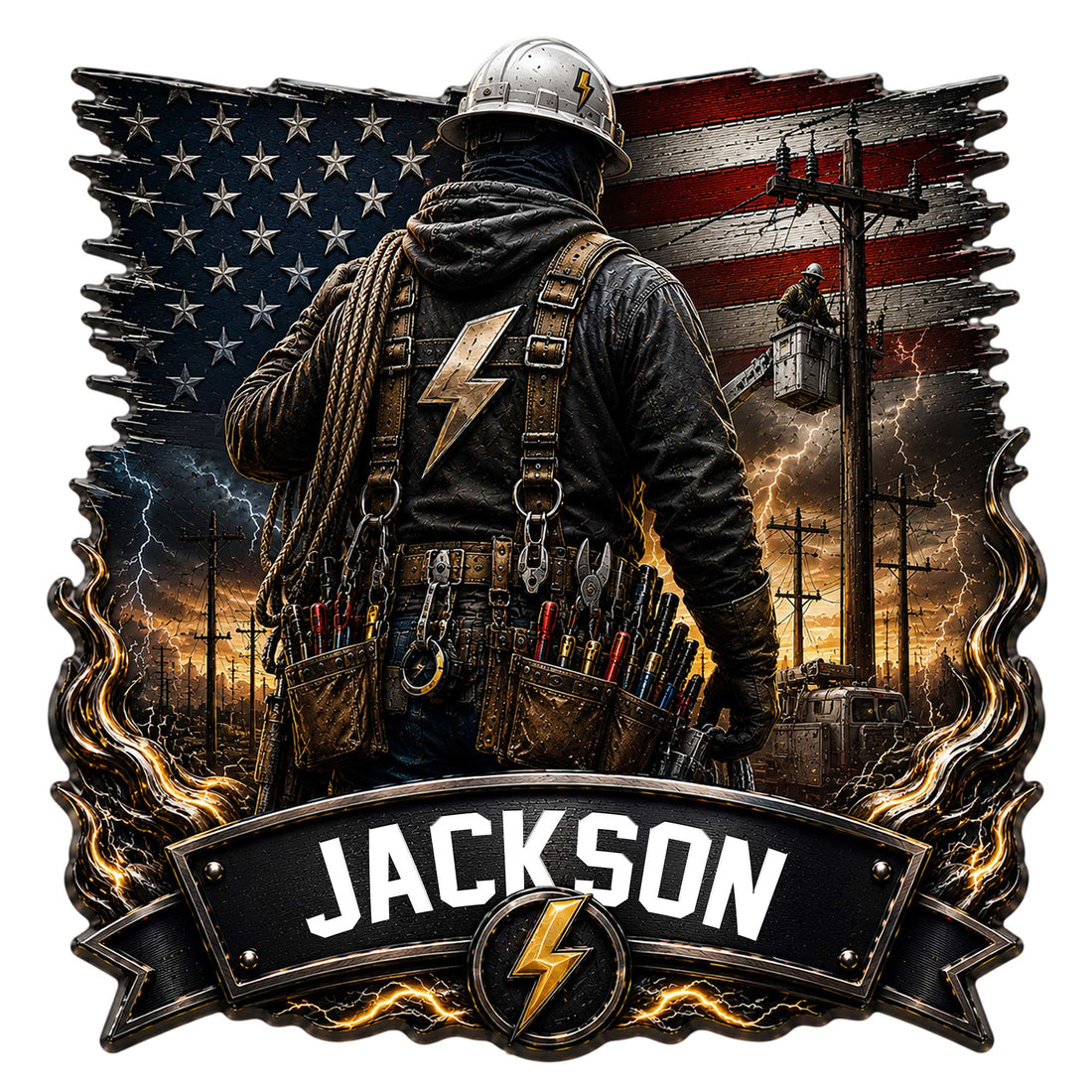 Lineman metal sign featuring a hard-hat utility worker, tools, power lines, and lightning