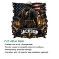 Cut metal sign feature graphic showing a lineman design with a hard hat, tools, and power lines