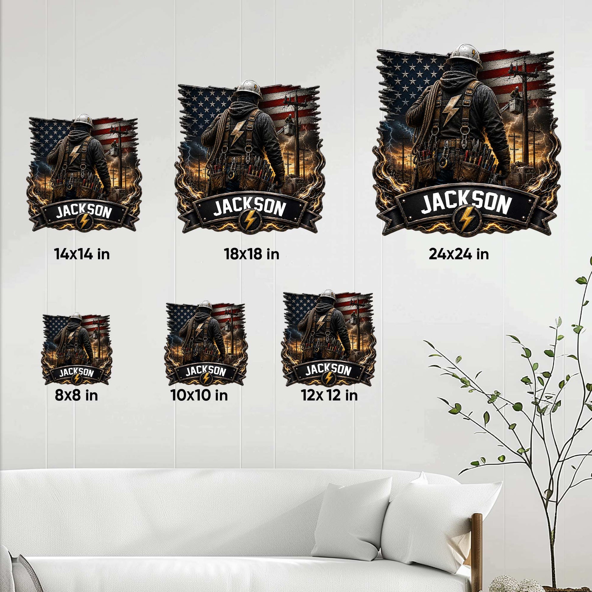 Lineman metal sign size guide showing available sizes from 8 by 8 to 24 by 24 inches