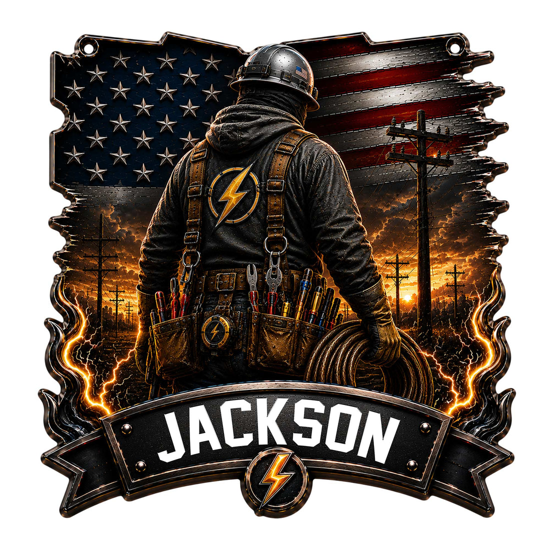 Custom lineman metal sign featuring a utility worker, American flag backdrop, power lines, tools, and lightning