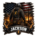 Custom lineman metal sign featuring a utility worker, American flag backdrop, power lines, tools, and lightning