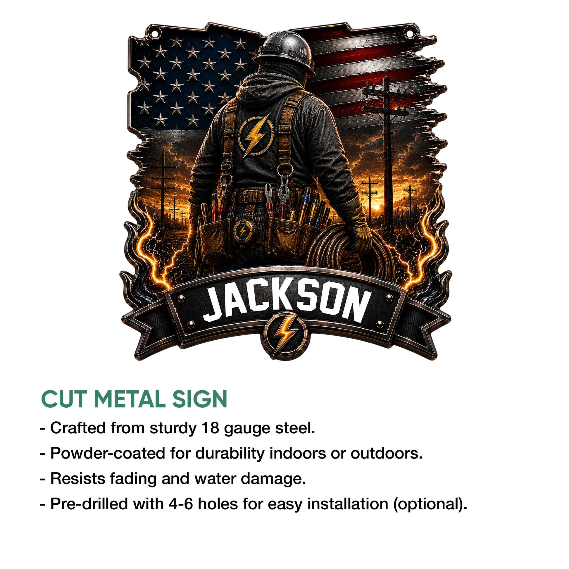 Lineman cut metal sign shown with feature details for indoor or outdoor display and optional hanging holes