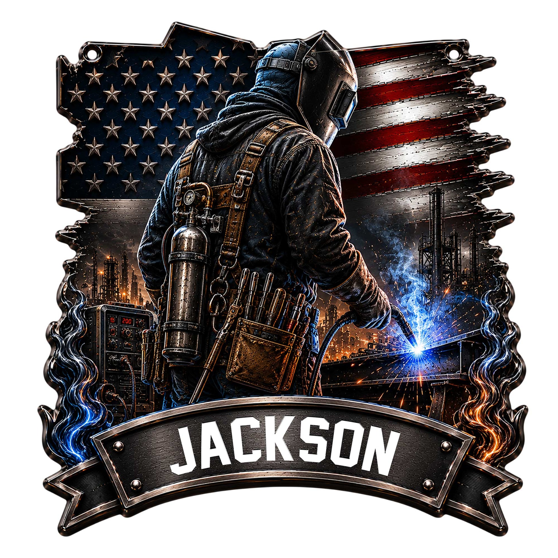 Custom welder metal sign featuring a helmeted worker, welding sparks, industrial scenery, and an American flag