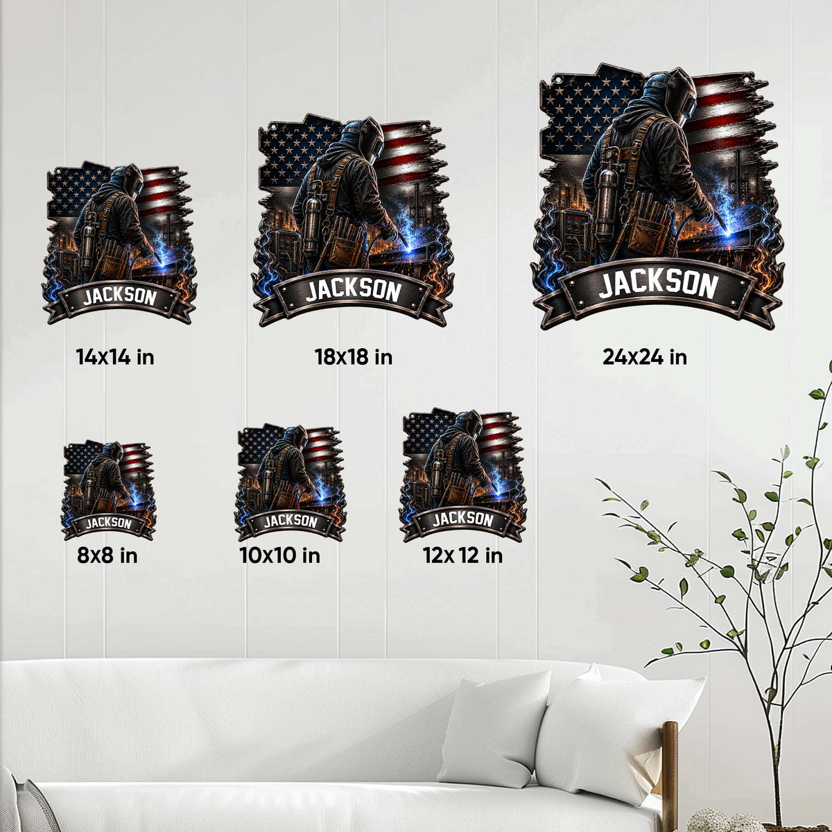 Welder metal sign size guide showing available 8x8, 10x10, 12x12, 14x14, 18x18, and 24x24 inch options