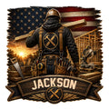 Custom carpenter metal sign featuring a construction worker, crossed tools, timber framing, and an American flag
