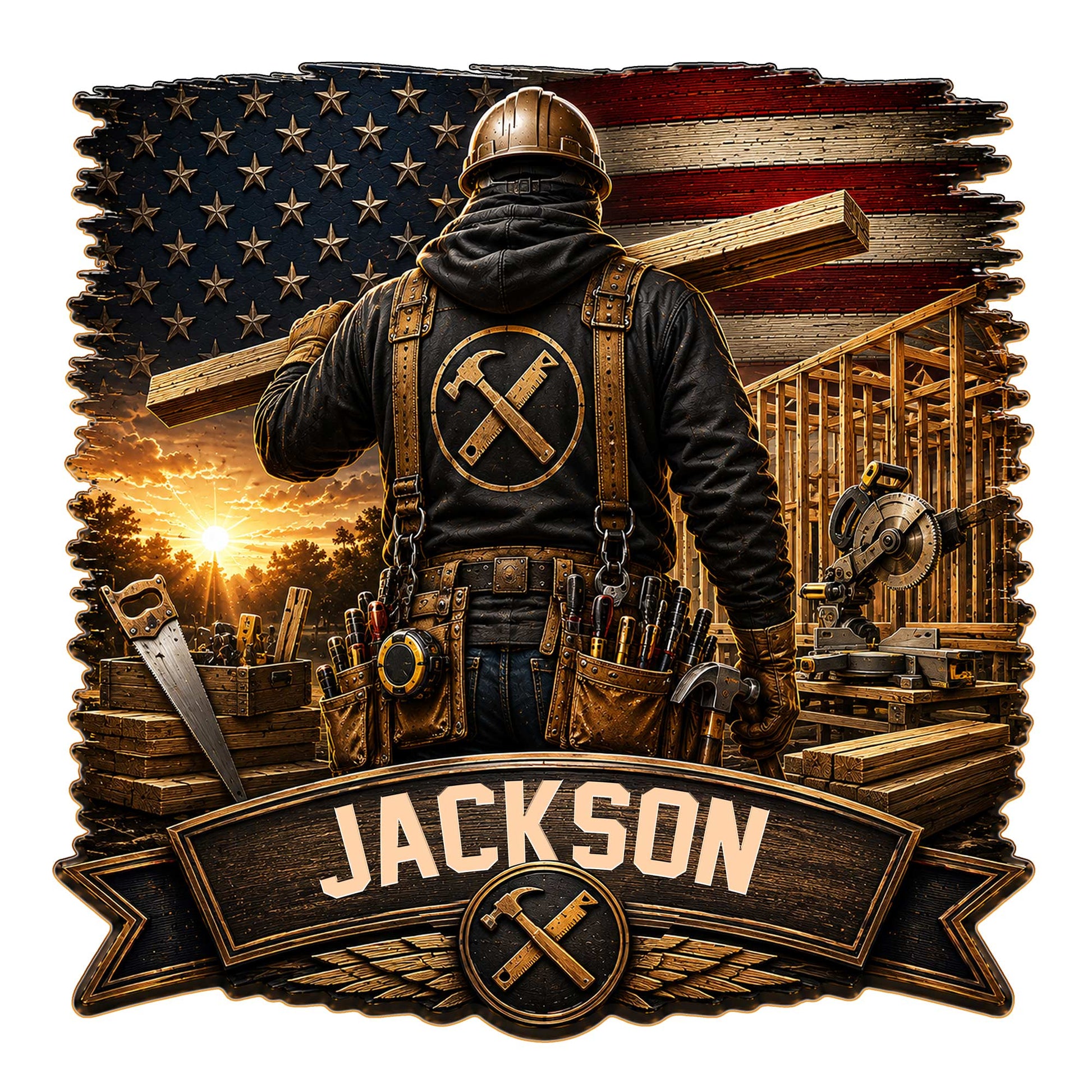 Custom carpenter metal sign featuring a construction worker, crossed tools, timber framing, and an American flag
