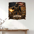 Carpenter wall sign displayed on a white paneled wall above a rustic console table