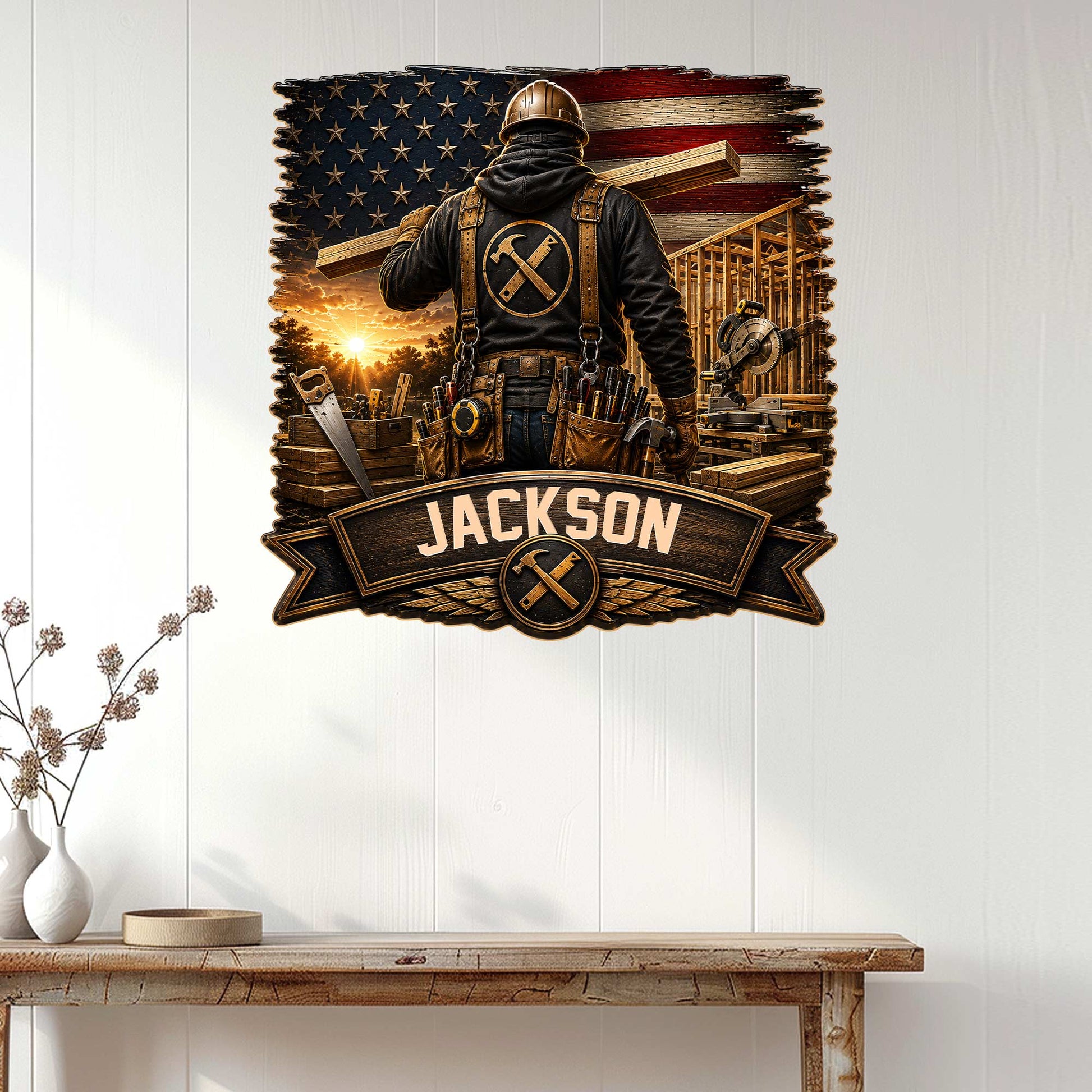 Carpenter wall sign displayed on a white paneled wall above a rustic console table