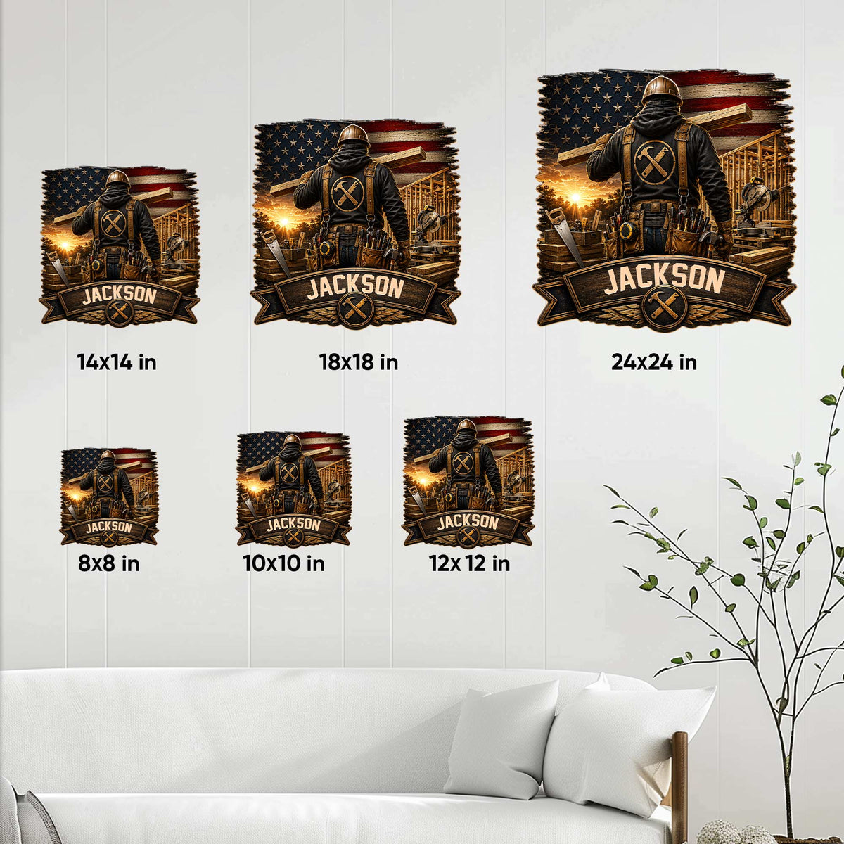 Carpenter metal sign size guide showing six available square size options in a living room setting