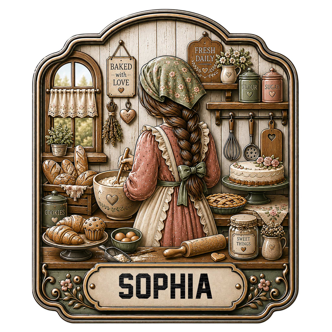 Decorative baker metal sign featuring a vintage woman baking bread, cake, cookies, and pastries in a cozy kitchen