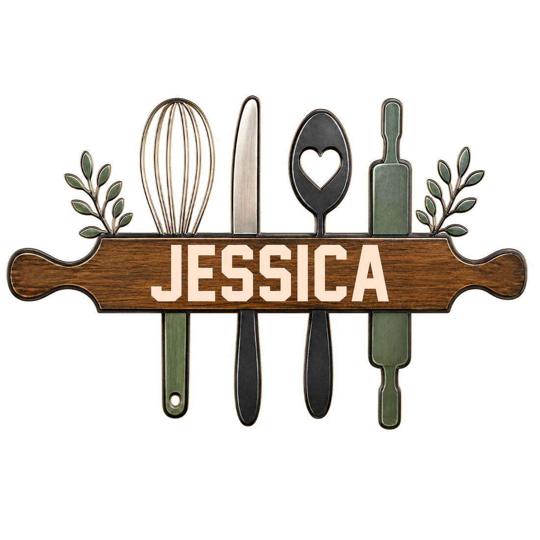 Custom kitchen metal sign with whisk, knife, spoon, rolling pin, greenery, and rustic woodgrain design