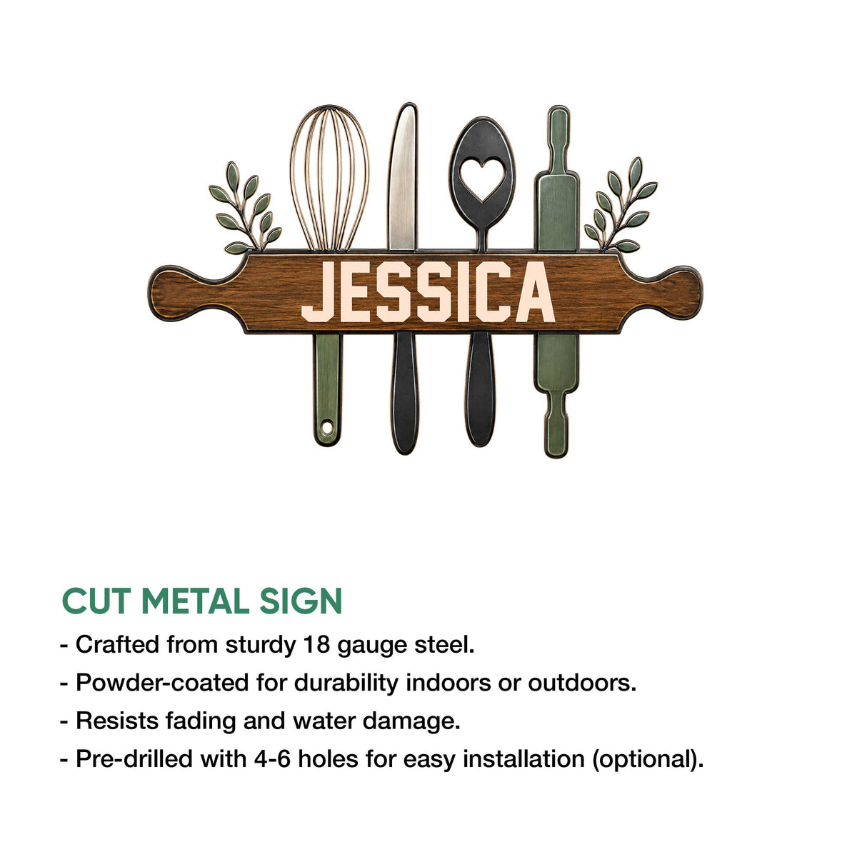 Cut metal kitchen sign featuring cooking utensils, leafy accents, and a rustic woodgrain nameplate design