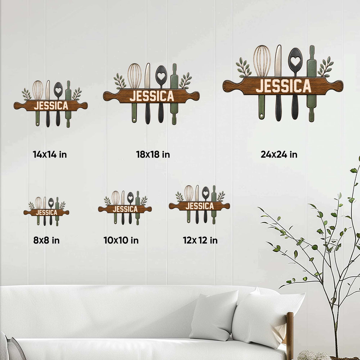 Kitchen metal sign size guide showing available 8x8, 10x10, 12x12, 14x14, 18x18, and 24x24 inch options