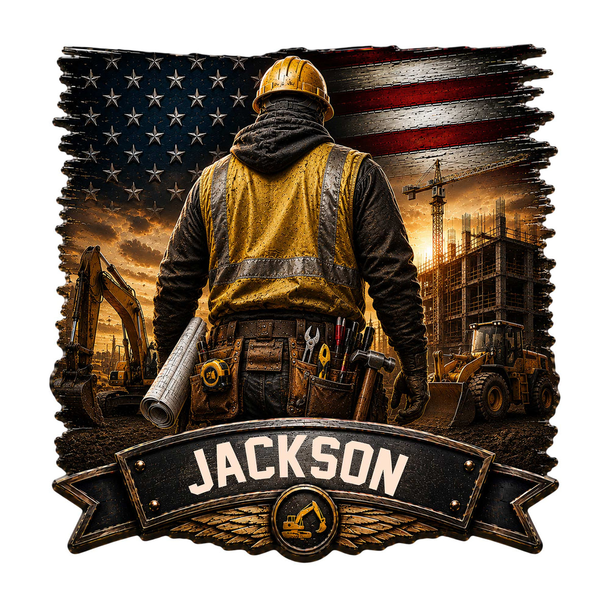 Custom construction worker metal sign featuring a hardhat builder, heavy equipment, jobsite, and patriotic flag design