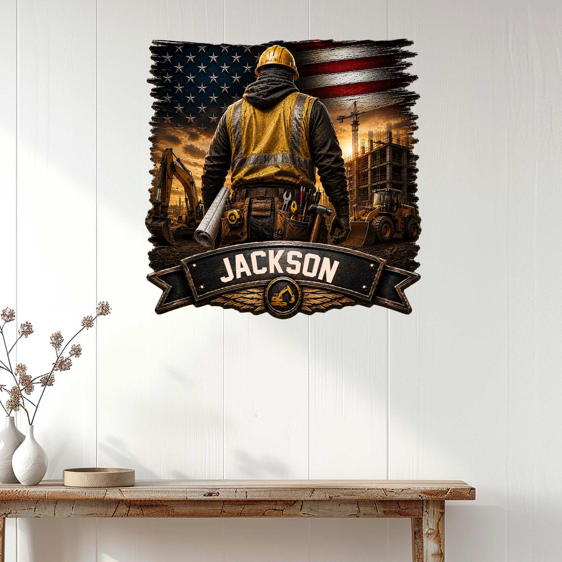 Construction worker wall sign displayed on a white paneled wall above a rustic console table
