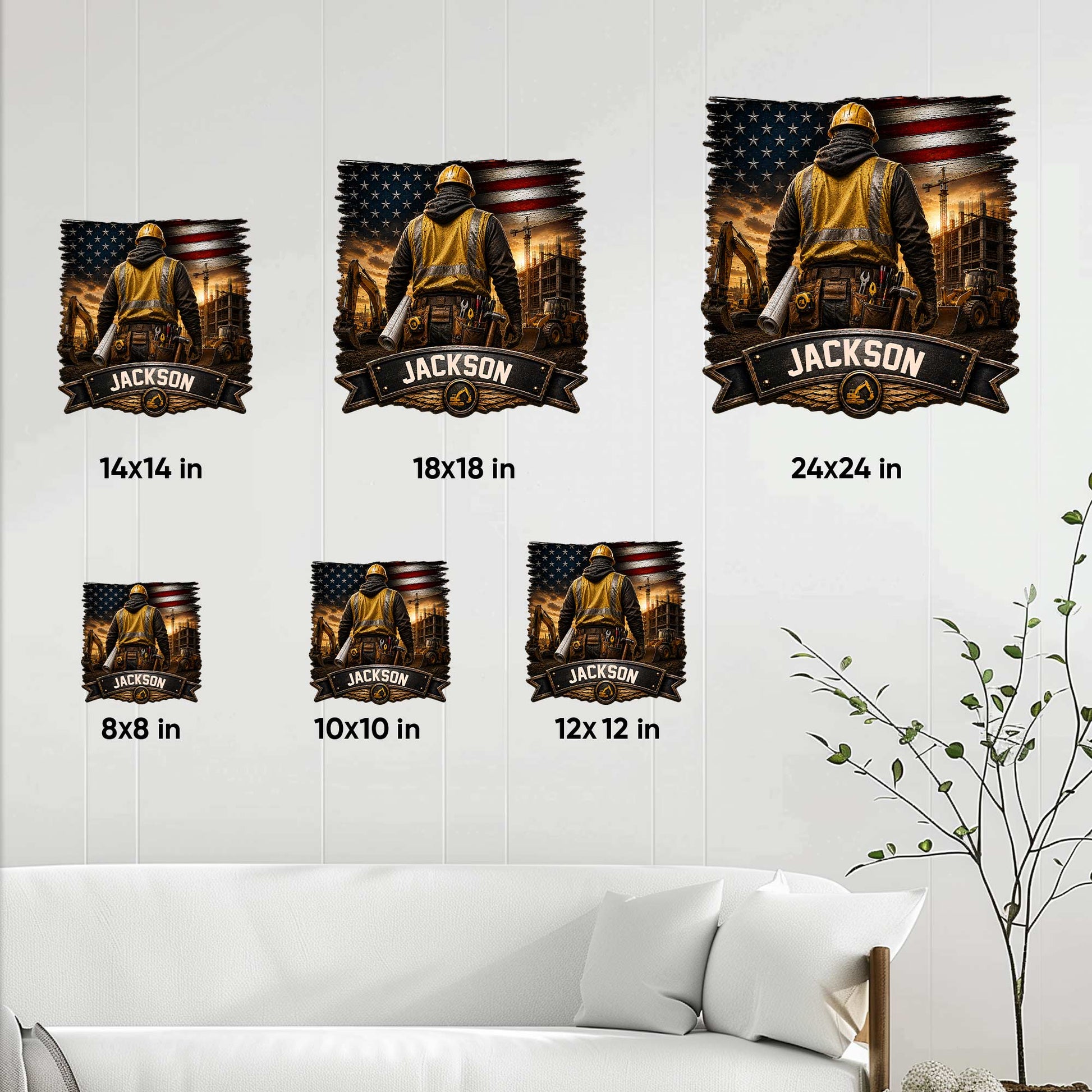 Construction worker metal sign size guide showing available 8, 10, 12, 14, 18, and 24 inch options