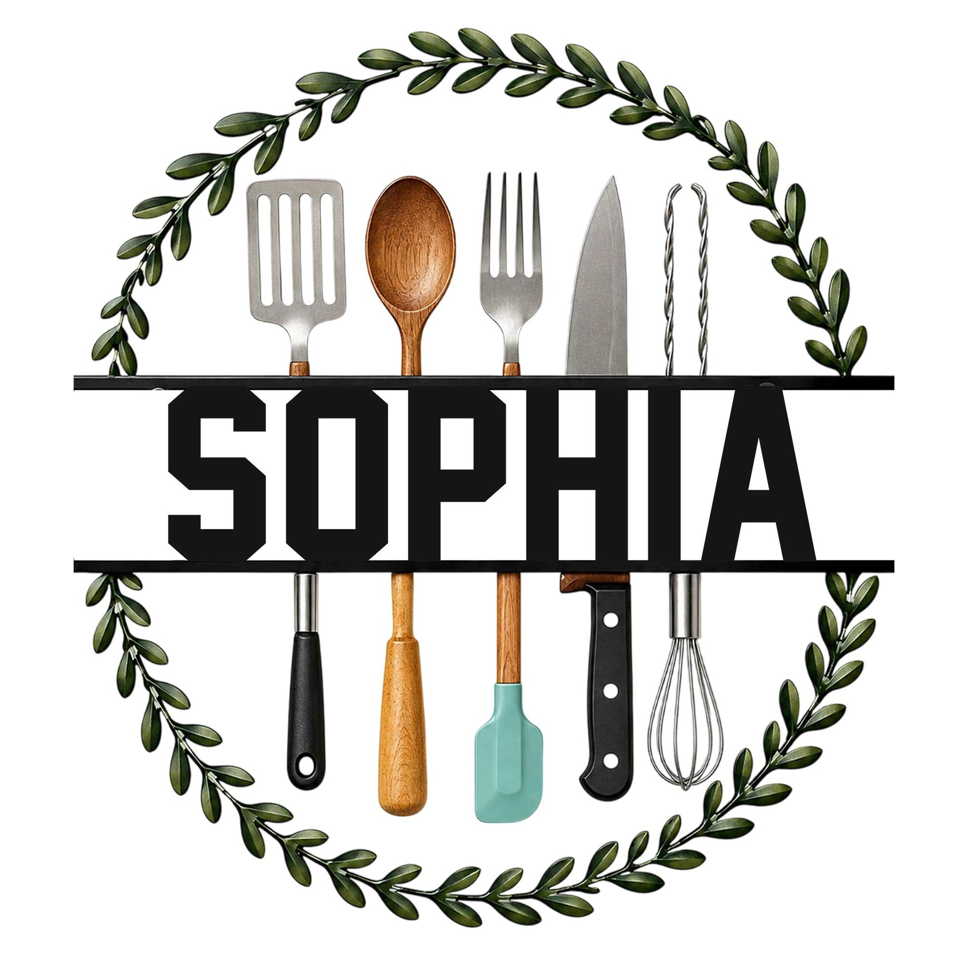 Kitchen utensil metal sign featuring spatulas, spoons, forks, a knife, whisk, and leafy wreath