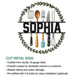 Kitchen utensil wreath metal sign shown in a product feature graphic with cut-steel construction details