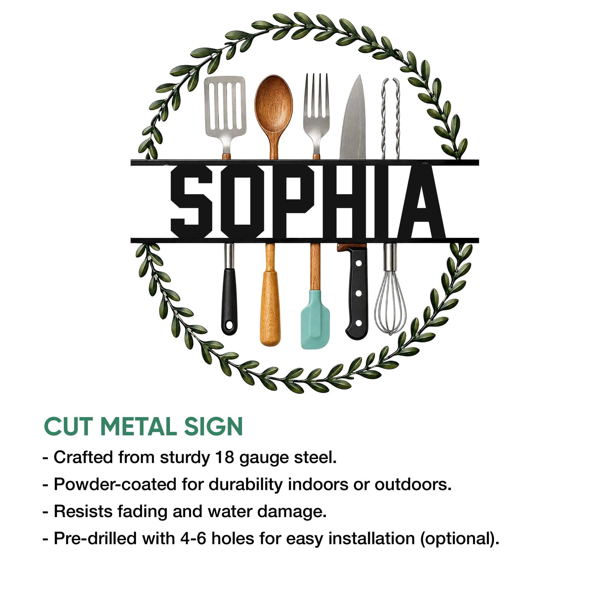 Kitchen utensil wreath metal sign shown in a product feature graphic with cut-steel construction details