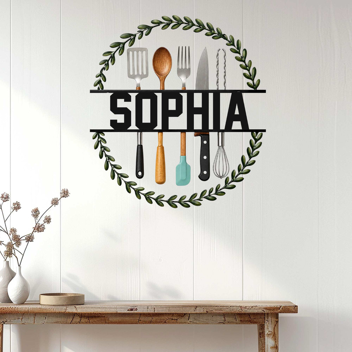 Custom kitchen wall sign displayed on white paneling above a rustic console table