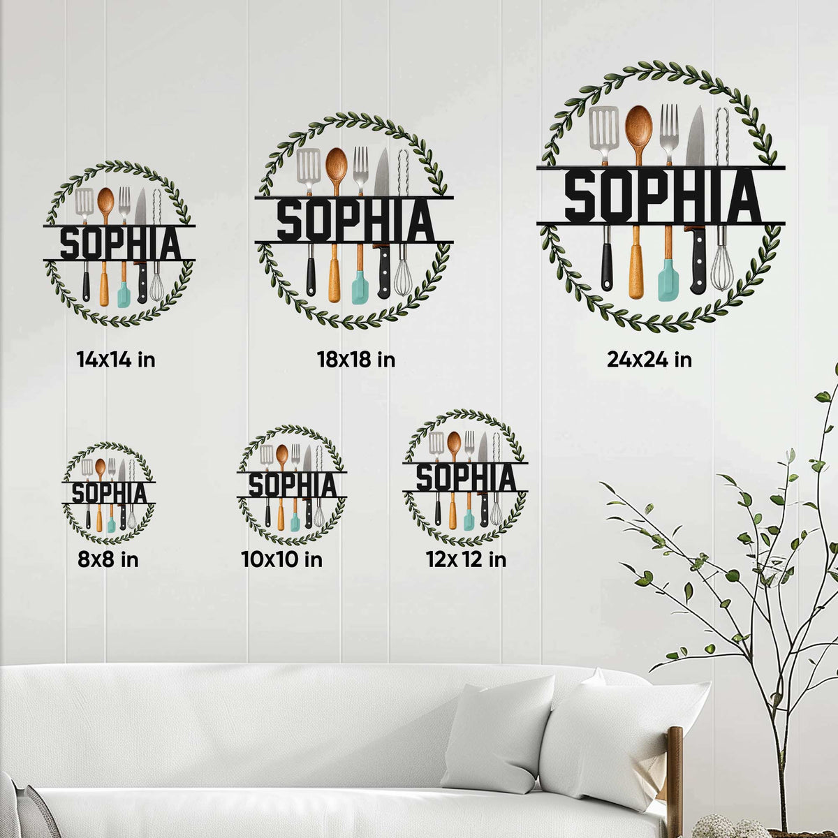 Kitchen utensil metal sign shown in multiple size options from 8 by 8 to 24 by 24 inches