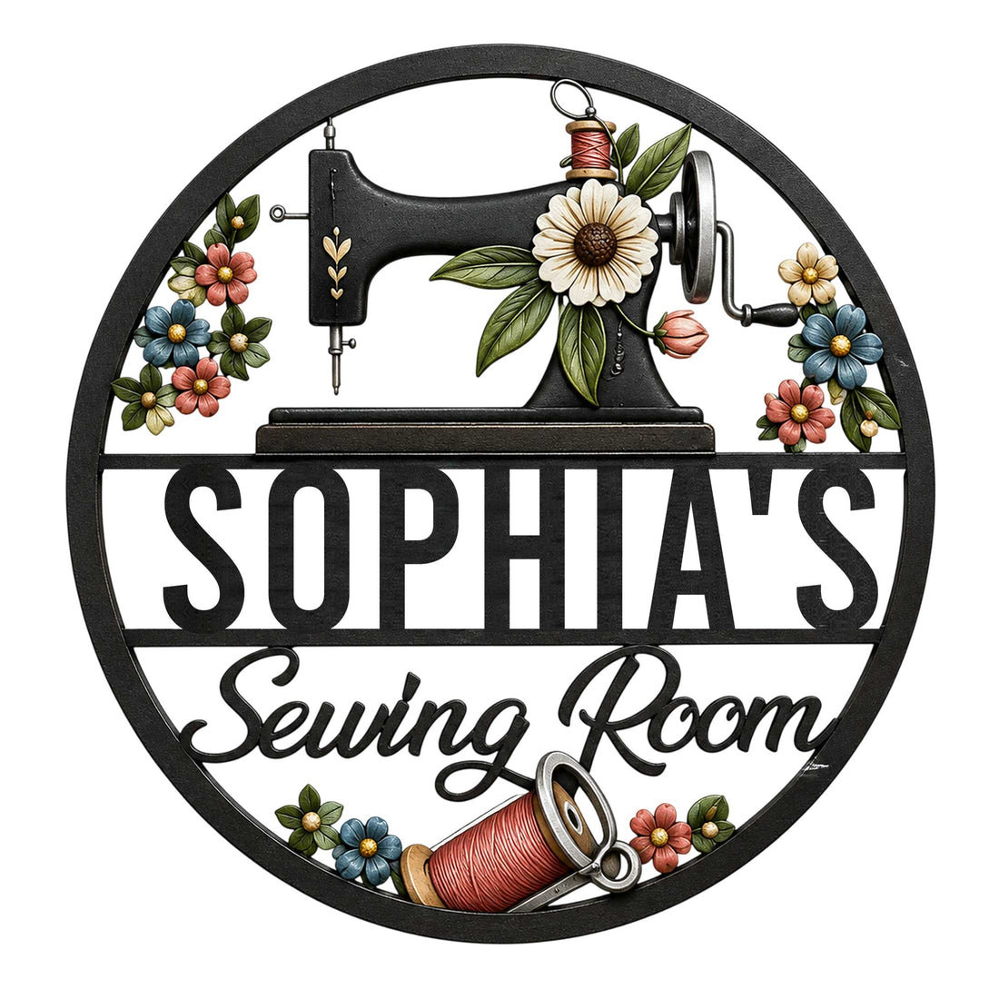 Custom sewing room metal sign with a vintage sewing machine, colorful flowers, thread spool, and scissors