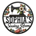 Custom sewing room metal sign with a vintage sewing machine, colorful flowers, thread spool, and scissors