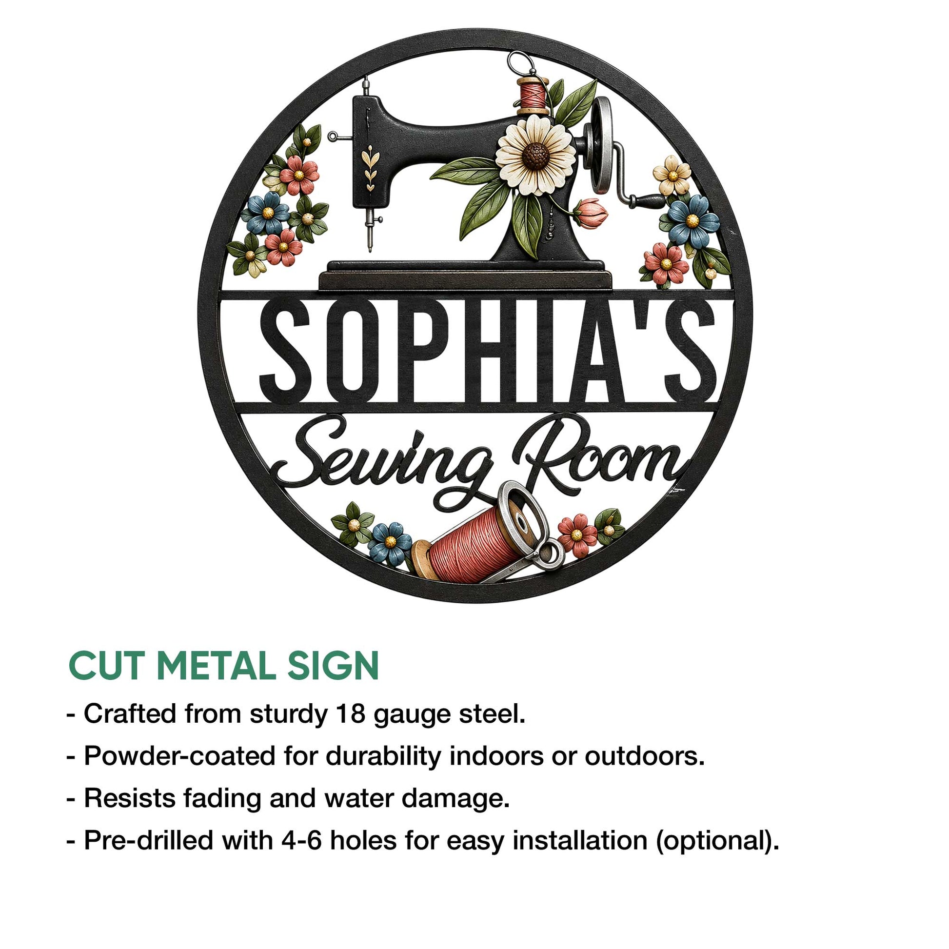 Sewing room metal sign featuring a floral vintage sewing machine design and round decorative frame