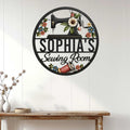 Sewing room wall sign displayed on white paneling above a rustic console table