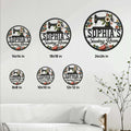 Sewing room metal sign size guide showing available round sign sizes from 8 by 8 to 24 by 24 inches