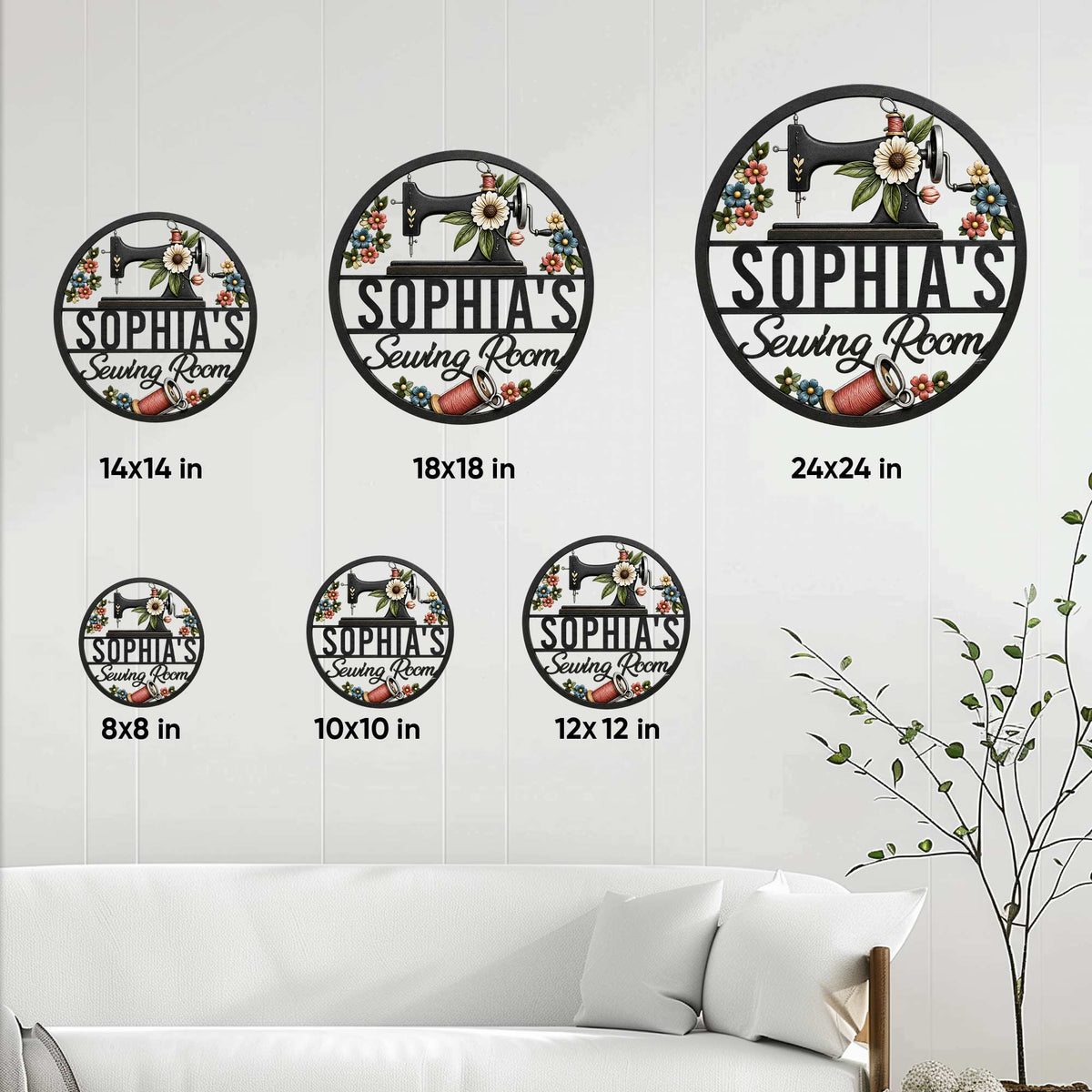 Sewing room metal sign size guide showing available round sign sizes from 8 by 8 to 24 by 24 inches