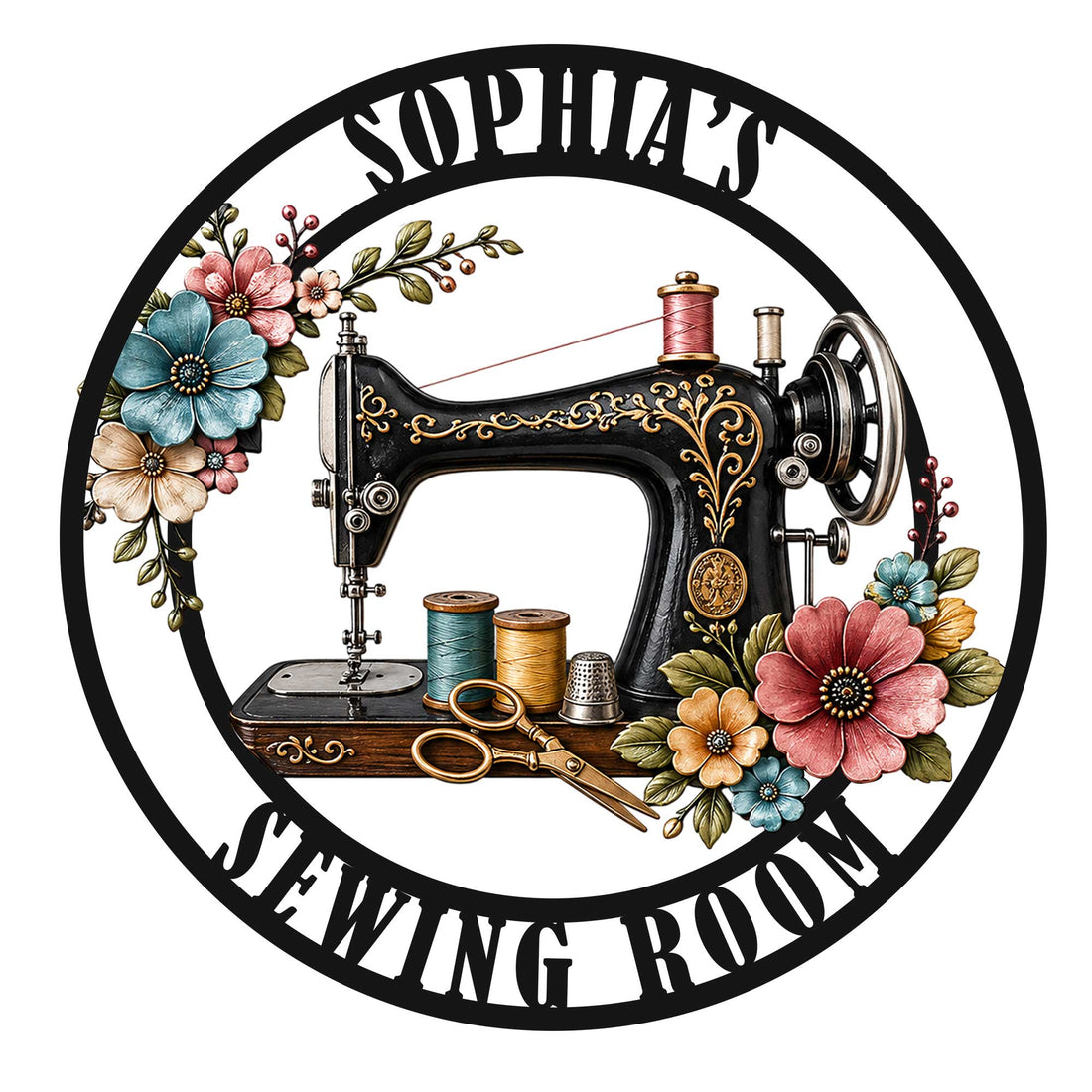 Sewing room metal sign with a vintage sewing machine, thread spools, scissors, and colorful floral accents