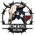 Custom Texas metal sign featuring a longhorn skull, Texas flag colors, and barbed wire ranch styling