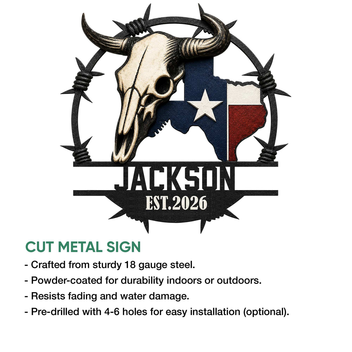 Texas longhorn skull metal sign shown as a cut metal wall accent with bold ranch-inspired artwork