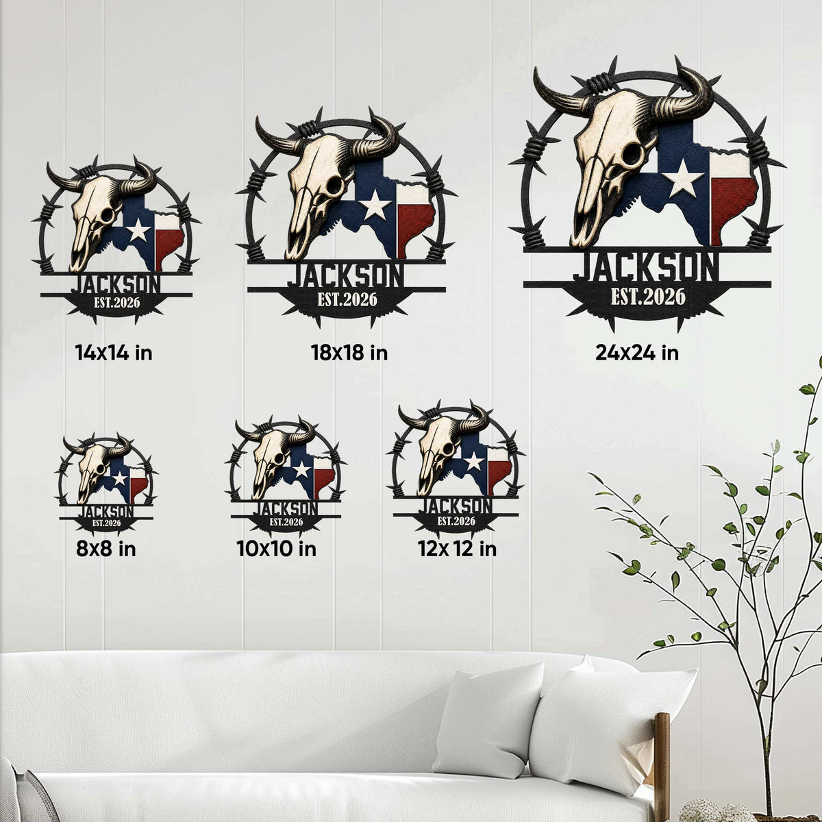 Texas longhorn metal sign size guide showing available square sizes from 8 by 8 to 24 by 24 inches