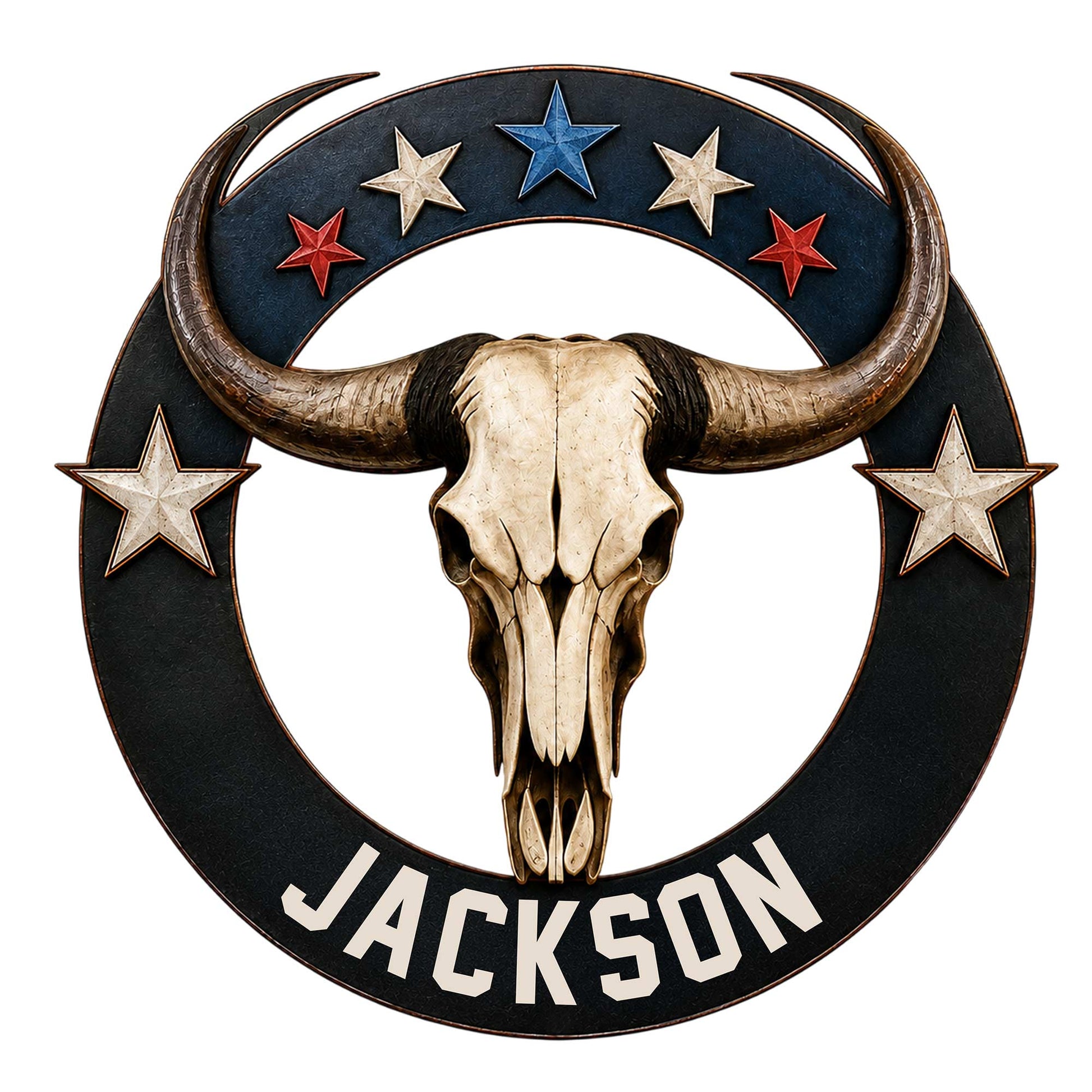 Texas metal sign featuring a longhorn skull, five-point stars, and bold Western-inspired artwork