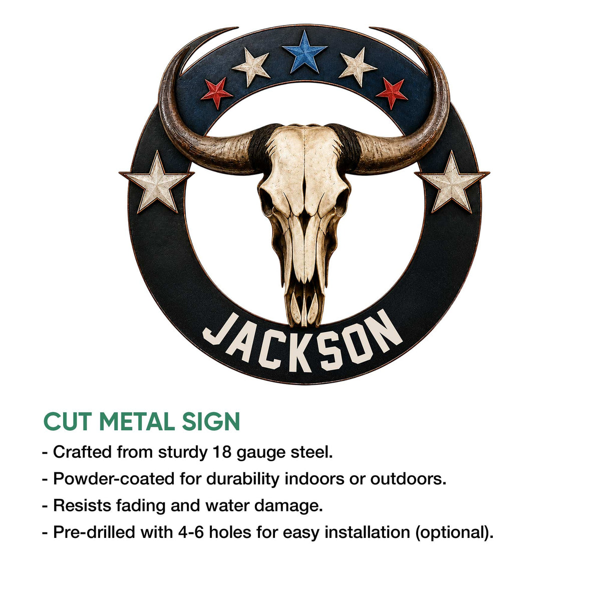 Texas longhorn skull metal sign shown with cut-metal design and product feature information