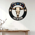 Texas longhorn skull wall sign displayed on a bright farmhouse-style interior wall