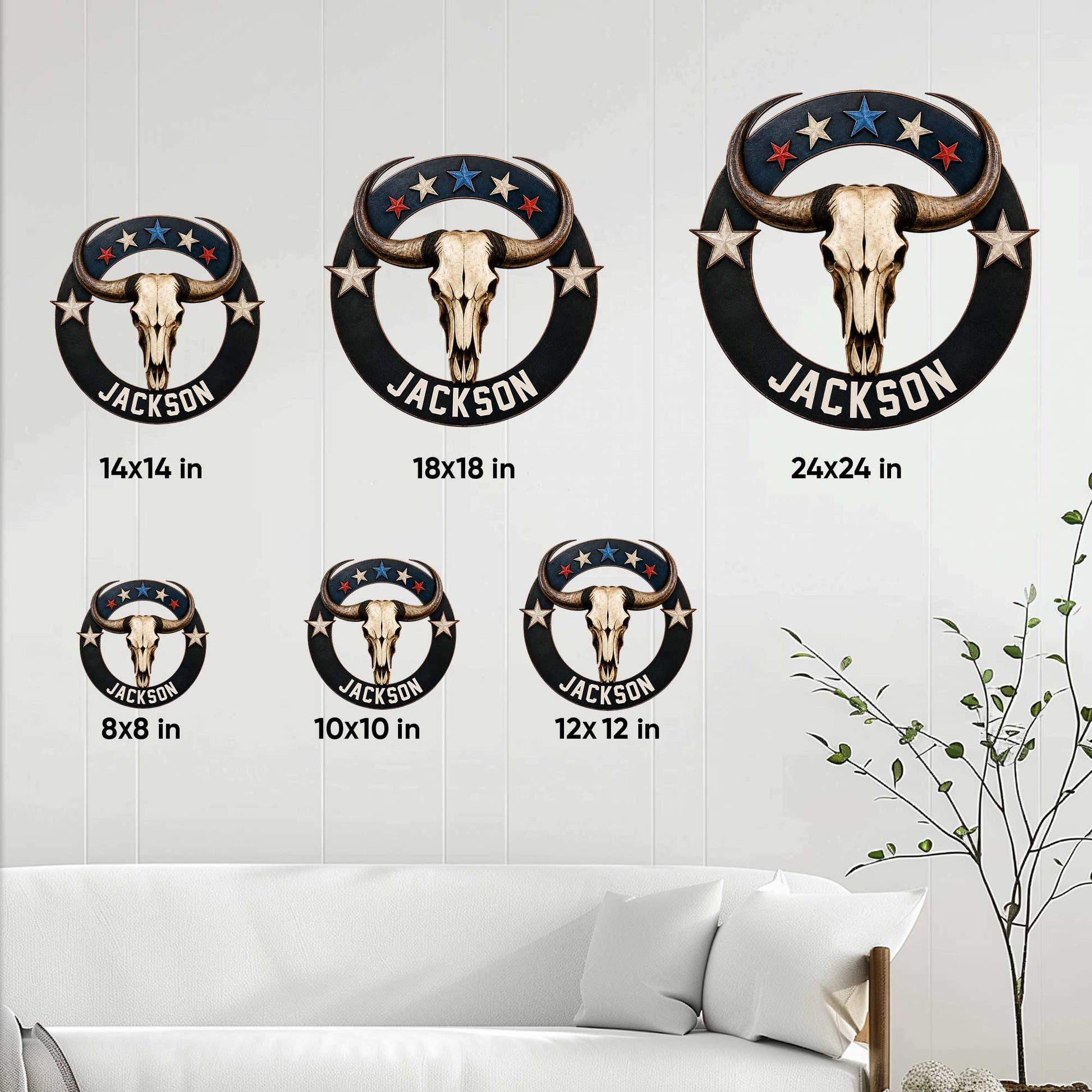 Texas longhorn metal sign size guide showing available square dimensions from 8 by 8 to 24 by 24 inches