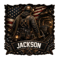 Custom miner metal sign featuring an underground worker with pickaxe, mining cart, lantern, and American flag backdrop