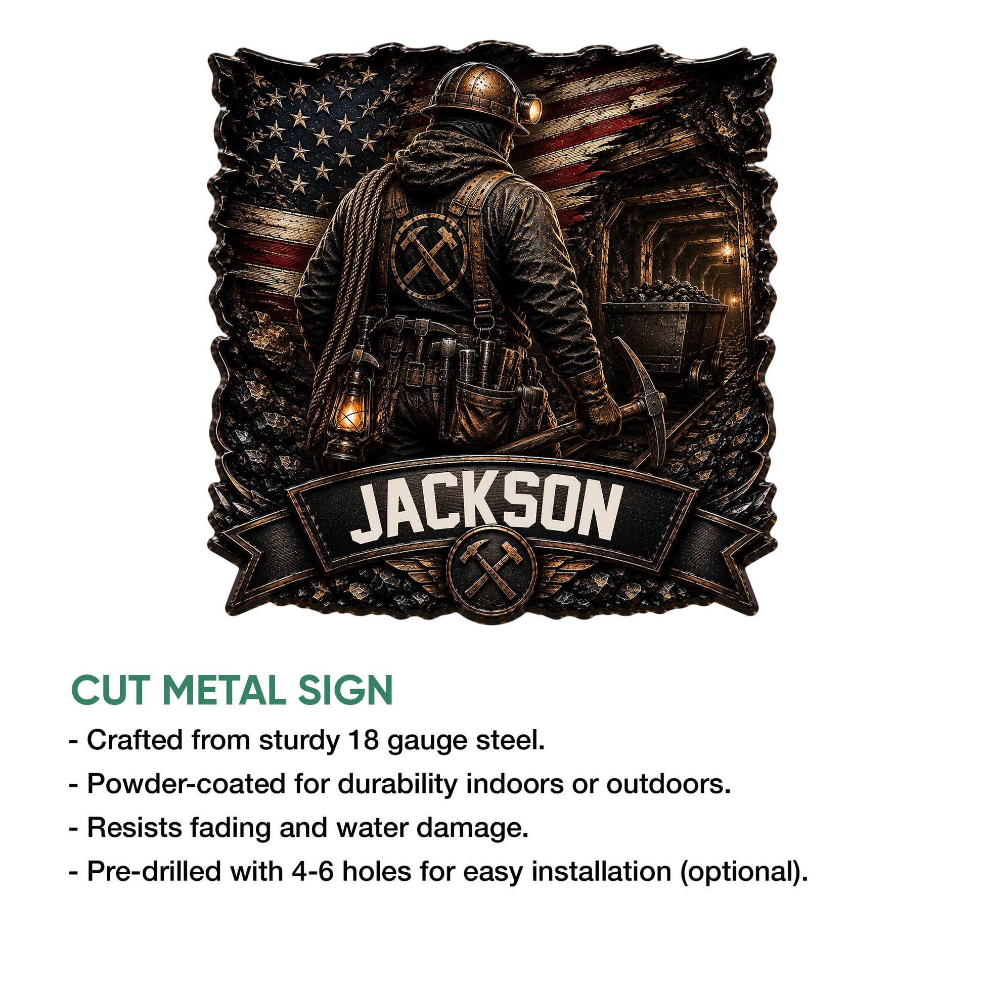Miner wall sign showing a helmeted underground worker surrounded by mining tools, coal, rails, and a rugged flag design