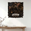 Custom mining metal wall decor displayed on a white paneled wall above a rustic console table