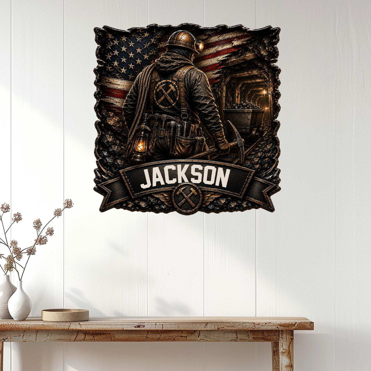 Custom mining metal wall decor displayed on a white paneled wall above a rustic console table