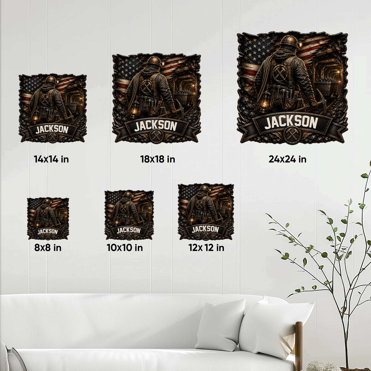 Miner metal sign size guide showing available square dimensions from 8 by 8 to 24 by 24 inches