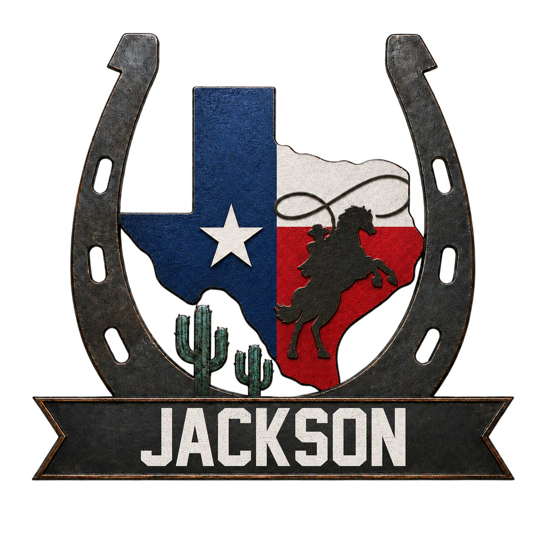 Custom cowboy metal sign featuring a bucking horse, Texas map, cacti, and horseshoe wall decor