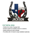 Cowboy metal sign with a Texas map, riding horse silhouette, cacti, and horseshoe design