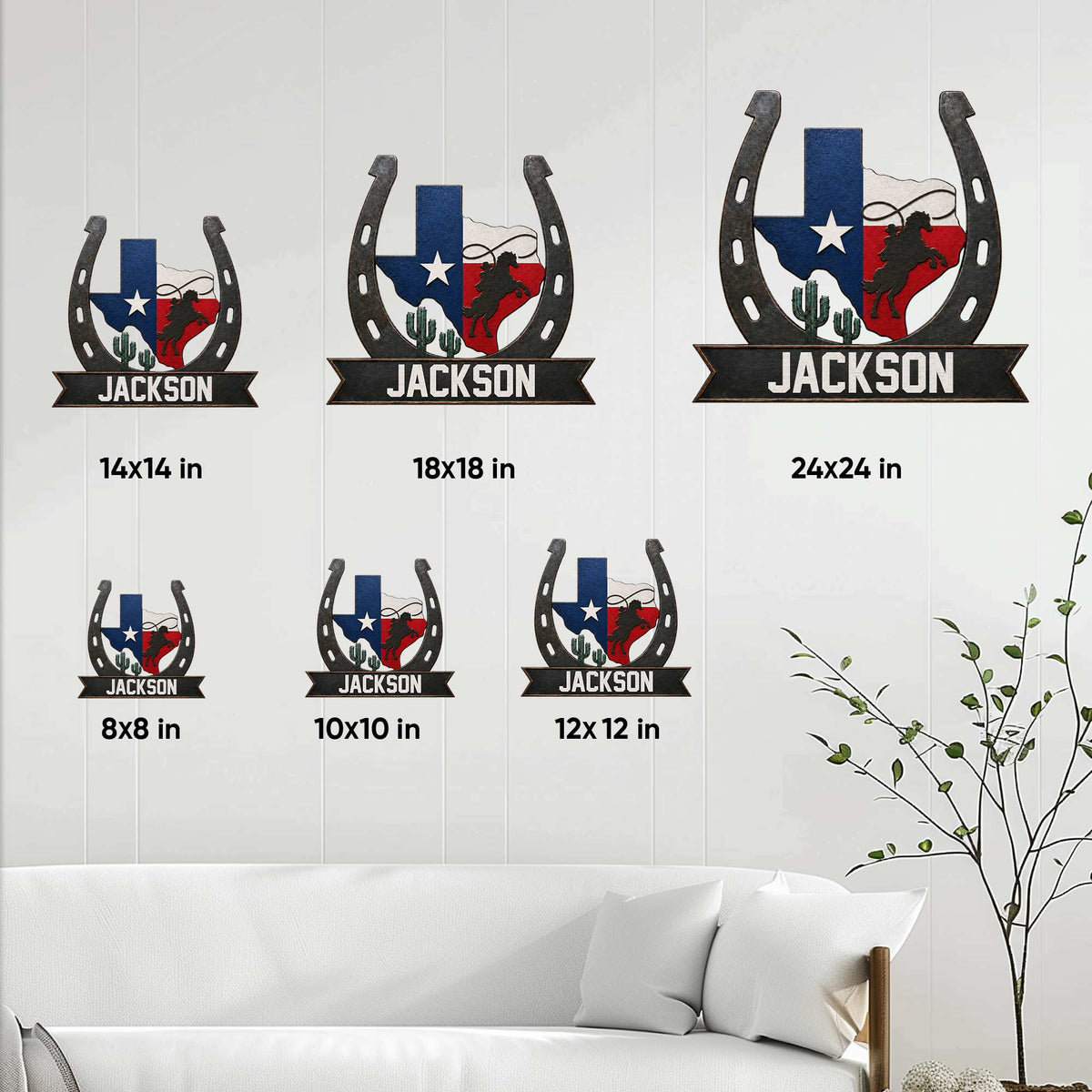 Cowboy metal sign size guide showing six square size options from 8x8 to 24x24 inches
