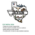 Feature guide showing the Texas cut metal sign with western artwork and highlighted construction and mounting details