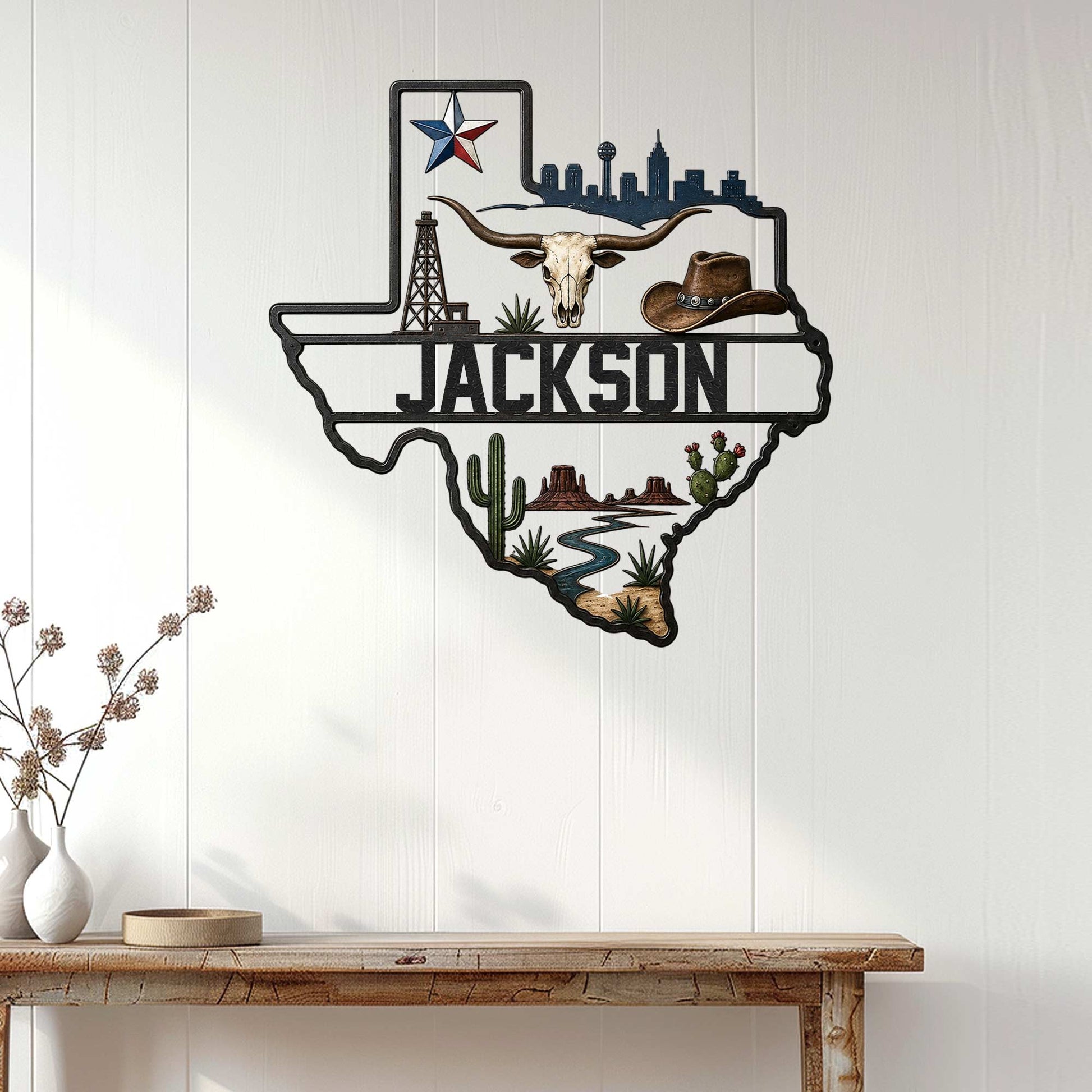 Texas western metal wall sign displayed on a light wood-paneled wall above a rustic console table