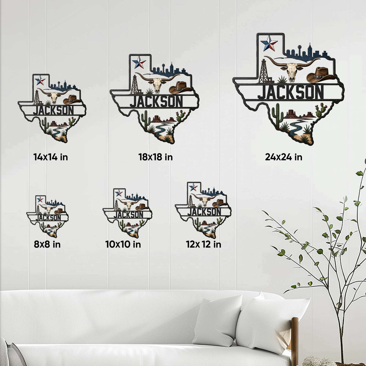Texas metal sign size guide displaying available 8, 10, 12, 14, 18, and 24 inch square options